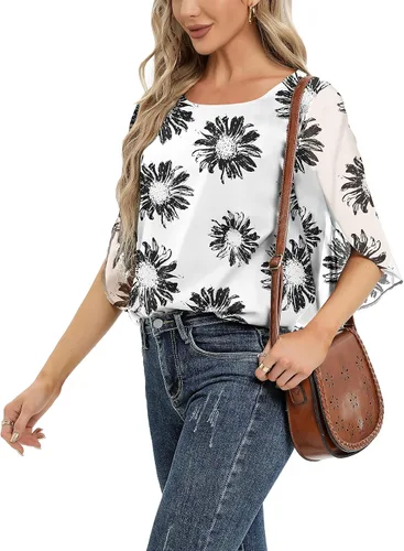 Vista 6 de Blusa de gasa de verano para mujer, estilo casual, manga 34, holgada, de malla, para mujer