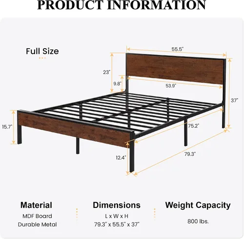 Vista 2 de SHA CERLIN Base de cama matrimonial con cabecero, almacenamiento debajo de la cama, construcción de metal sólido, no necesita somier, color marrón