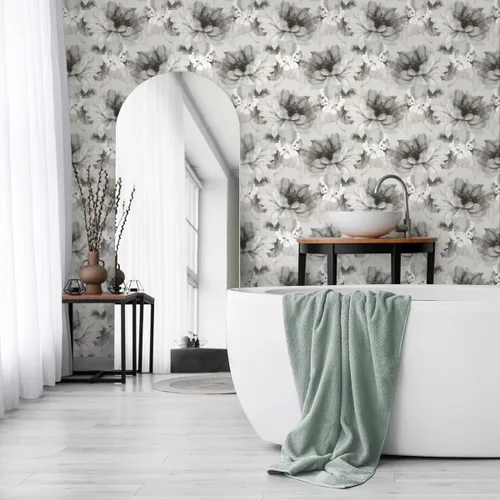 Vista 2 de NextWall Harry & Grace - Papel tapiz floral para despegar y pegar (ceniza y plata metálica)