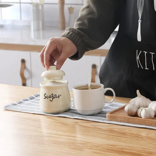 Vista 6 de ONTUBE Azucarero de cerámica con tapa y cuchara 12oz (beige)