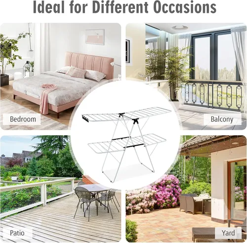 Vista 9 de Nightcore Estante de secado de ropa de 2 capas, estante de secado de aluminio con altura ajustable, no necesita montaje, estante compacto plegable