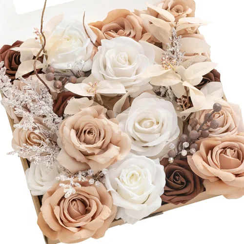 Vista 16 de Ling's moment Caja de flores artificiales, tallos de follaje artificial falso, rosas de espuma, dalia de seda, hierba de pampas, flor de tela