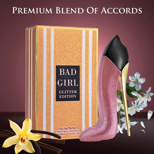 Vista 4 de Bad Girl Glitter Edition – Fragancia floral oriental para mujer – Notas superiores de almendra, café, bergamota y limón – Aroma base de haba tonka