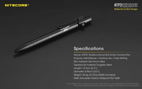 Vista 7 de Nitecore NTP31 Bolígrafo táctico de acción de cerrojo con rompecristales de acero de tungsteno con pegatina NitecoreSt