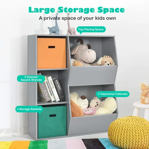 Vista 13 de HONEY JOY Organizador de almacenamiento de juguetes para niños con 5 cubículos, estantería y estantería para niños con 2 cajas de almacenamiento