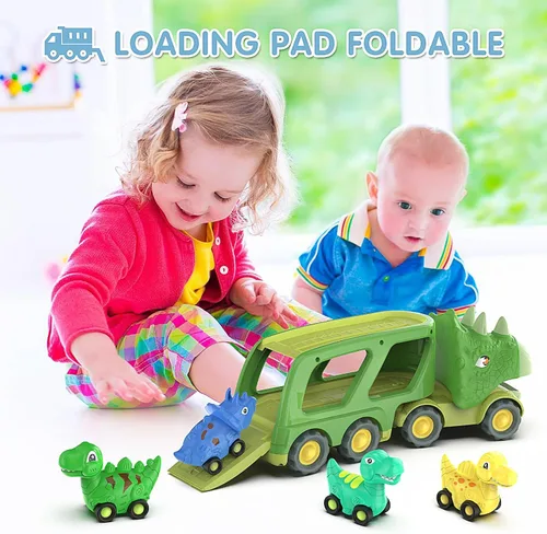 Vista 4 de Juguetes de dinosaurio para niños de 2 a 4 años, camión transportador de automóvil de dinosaurio con 4 autos de dinosaurio de tracción hacia atrás