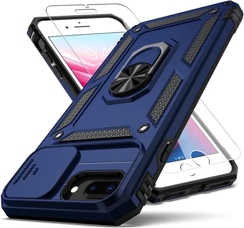 Vista 9 de Funda para iPhone 8 Plus, para iPhone 7/6 Plus, con cubierta deslizante para cámara + protector de pantalla HD, soporte de anillo giratorio de grado