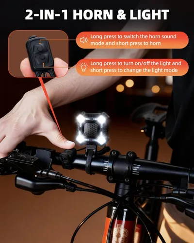 Vista 3 de WSDCAM Bocina de bicicleta de 140 dB con luz delantera y trasera, interruptor de control de campana de bicicleta 2 en 1, luz LED, recargable a