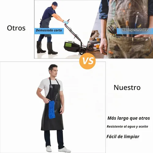 Vista 6 de Delantal impermeable, delantal de trabajo resistente, delantal de cuero artificial, ideal para chef, carnicero, peluquero, limpieza Plus