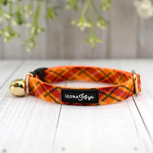 Vista 3 de Ultra Joys Breakaway - Collar de gato con campanas, color naranja a cuadros, talla L Solo cuello a cuadros