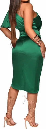 Vista 2 de Aro Lora - Vestido sexy para mujer corto, de satén, asimétrico, fruncido, ajustado (bodycon), de un solo hombro para fiesta de noche