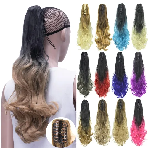 Vista 5 de IMISSU Extensiones de cabello rizado con pinza de color degradado, cola de caballo con clip (rubio degradado)