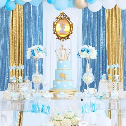 Vista 2 de B-COOL Cortinas de Fondo de Lentejuelas Azul Bebé 2 Piezas 2ftx8ft Fotografía para Fiestas Fondo Brillante Cortinas para Prom Bodas Baby Shower