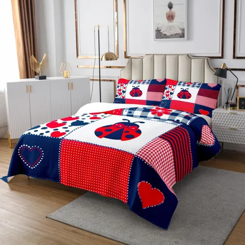 Vista 2 de Linda colcha de mariquita tamaño individual, juego de ropa de cama de retazos de cuadrícula para niños, niñas, niños, adolescentes, decoración