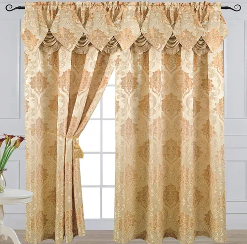 Vista 2 de Panel de cortina jacquard de lujo con cenefa de cascada adjunta, 54 x 84 pulgadas Angelina Beige