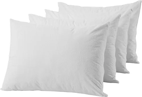 Vista 2 de Paquete de 4 protectores de almohada de tela de toalla de algodón, tamaño Queen, impermeables 100 %, cremallera, blancos, lavables, larga vida útil