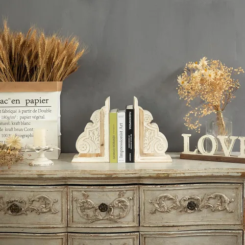 Vista 5 de 1 par de sujetalibros de madera con acabado rústico envejecido, sujetalibros blancos decorativos únicos, extremos de libro de granja