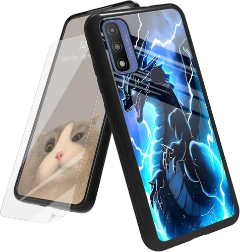 Vista 140 de Funda para Motorola Moto G Play 4G 2024 con protector de pantalla, parte trasera de vidrio templado + funda de silicona suave TPU absorción