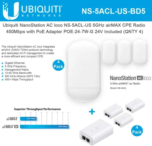 Vista 2 de NanoStation AC loco NS-5ACL-US Loco5ac 5GHz 802.11ac airMAX CPE Radio 450Mbps Punto de acceso inalámbrico (paquete de 4) con PoE POE-24-7W-G