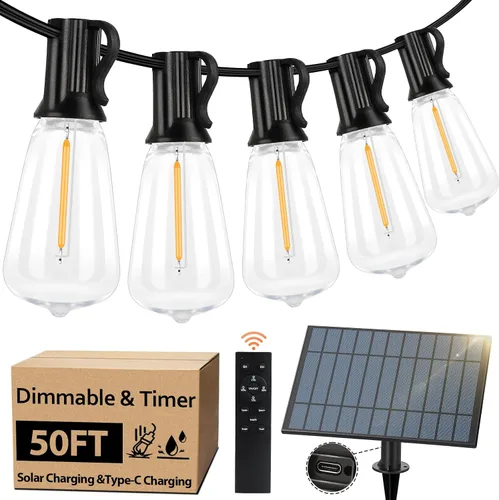 Vista 12 de 100 pies de luces de cadena solar para exteriores con control remoto, luces LED recargables por USB para patio con 52 bombillas ST38 Edison