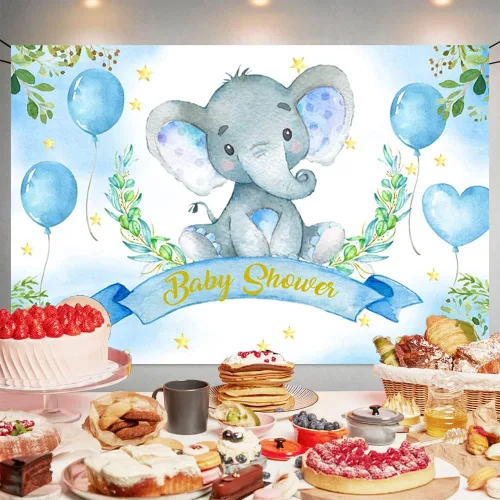 Vista 3 de Telón de fondo de elefante de acuarela azul para baby shower, elefante, hojas verdes, globo de fotografía, elefante, baby shower, decoración