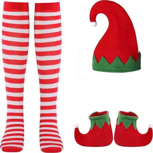 Vista 7 de Simplecc Christmas Elf Costume for Kids Girls Santa's Helper Costume Xmas Festive Elf Dress Outfit with Hat Shoes Stockings