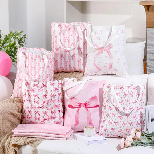 Vista 3 de 9 bolsas de lona con lazo rosa coquette para fiesta, recuerdo, regalo de comestibles, bolsa de compras para regalos de viaje