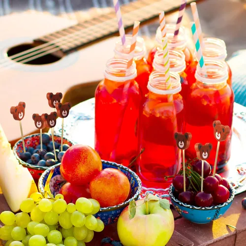 Vista 7 de 100 palillos de cóctel con cara de oso, brochetas de bambú para aperitivos, lindos palillos de comida de oso, palillos de dientes para frutas