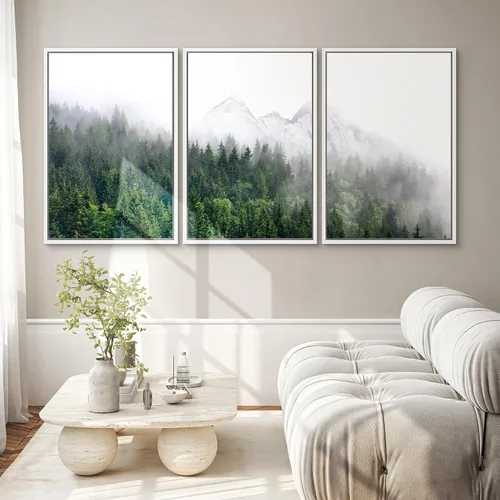 Vista 425 de SIGNWIN Lienzo enmarcado para pared, juego de arte pastel con cadena montañosa, bosque, niebla, naturaleza silvestre, ilustraciones modernas, arte