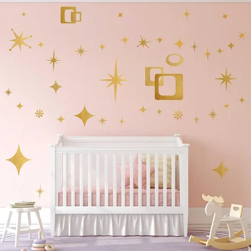 Vista 3 de Calcomanías de pared de estrellas retro, calcomanías de pared de óvalos y cuadrados, calcomanías geométricas para paredes, calcomanías de vinilo