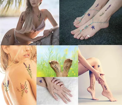 Vista 3 de Tattoonova - Flores de lavanda, 12 hojas de tatuajes temporales para adultos, hombres y mujeres, flores silvestres provenzales, acuarelas, púrpura