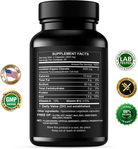 Vista 2 de Chlorella Cápsulas 3000 mg – Pared celular agrietada suplemento de algas verdes azules – La mejor limpieza natural de desintoxicación – Vitaminas