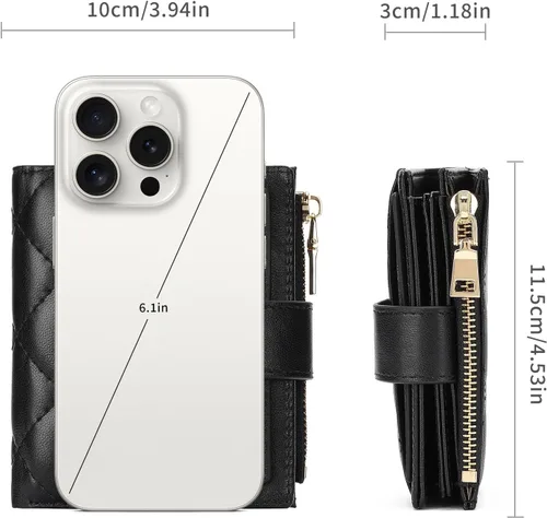 Vista 3 de GAEKEAO Cartera pequeña para mujer, de dos pliegues con bloqueo RFID, estuche para tarjetas de crédito con bolsillo con cremallera, A-Negro, Classic