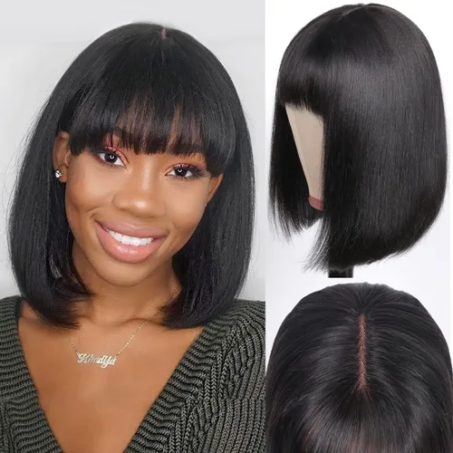Vista 17 de Straight Human Hair Wigs with Bangs 180% Density 2x4 Lace Front Wigs with Bangs Closure Wear and Go Glueless Wigs 100% Brazilian Virgin Human Hair