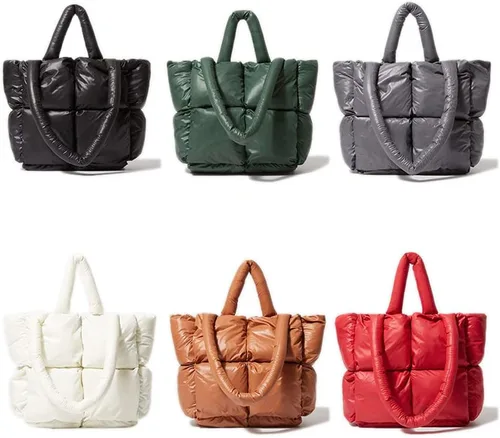 Vista 2 de Bolsa grande acolchada, de algodón, acolchada de moda, para mujer, bolsa de hombro suave, bolsa de nailon con almohada de plumón