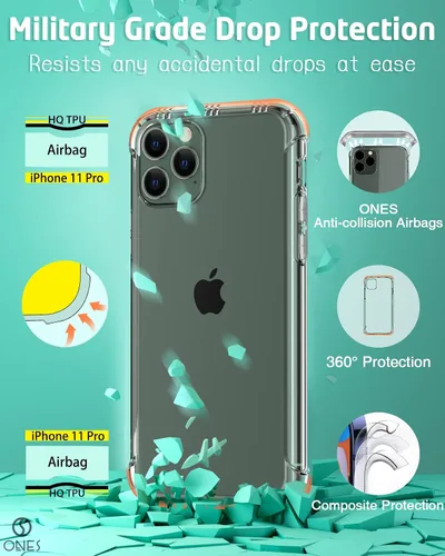 Vista 4 de ONES Funda transparente para iPhone 11 Pro, funda transparente antiamarilleo, grado militar, a prueba de golpes, delgada, transparente