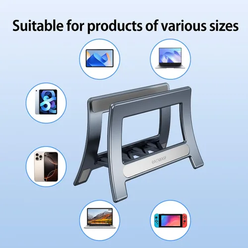 Vista 6 de Soporte vertical para laptop para escritorio, soporte para MacBook con bloqueo automático por gravedad, soporte vertical de plástico ABS compatible