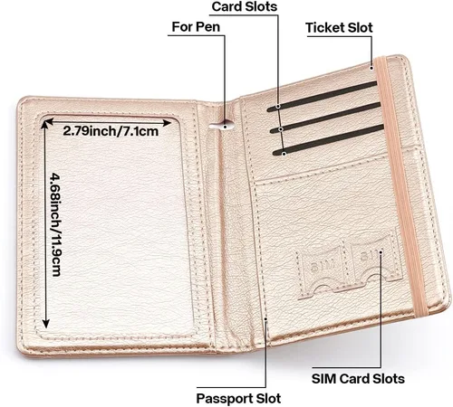 Vista 5 de Soporte para pasaporte y tarjetero de vacuna, cartera para pasaporte, funda para pasaporte con bloqueo RFID, Oro Rosa, Compacto