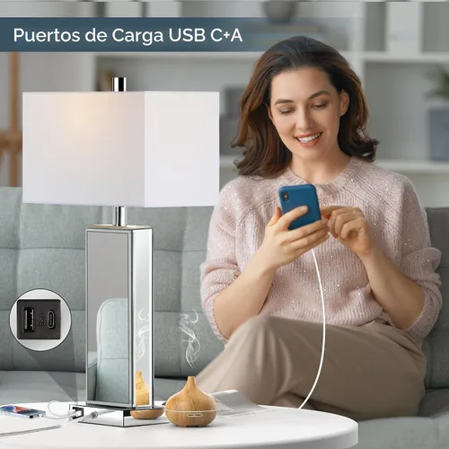 Vista 3 de Juego de 2 lámparas de mesa modernas con control táctil, lámpara de noche de espejo plateado con gran cristal de diamante, con puertos USB C+A