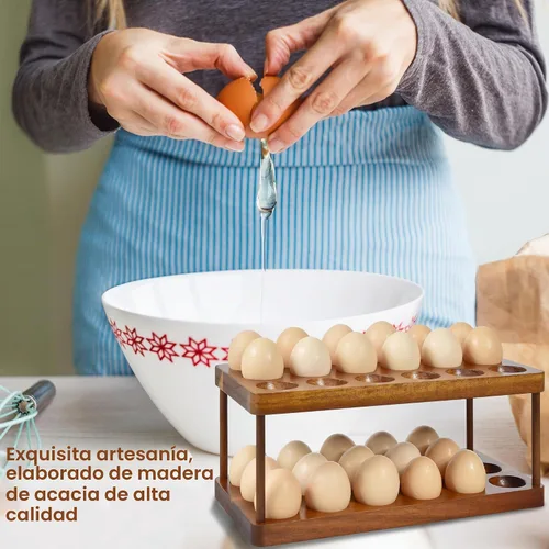 Vista 4 de Sishynio Soporte para huevos de madera de acacia de 2 niveles, estante