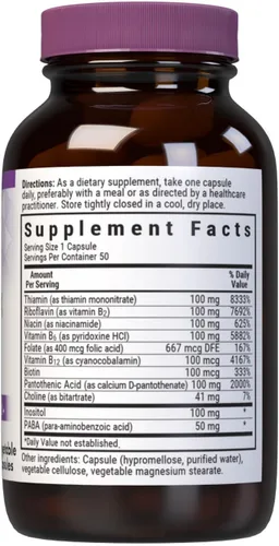 Vista 2 de Bluebonnet Nutrition B Complex 100 cápsulas vegetales, espectro completo completo, vitamina B6, B12, biotina, folato, vegano, vegetariano, sin