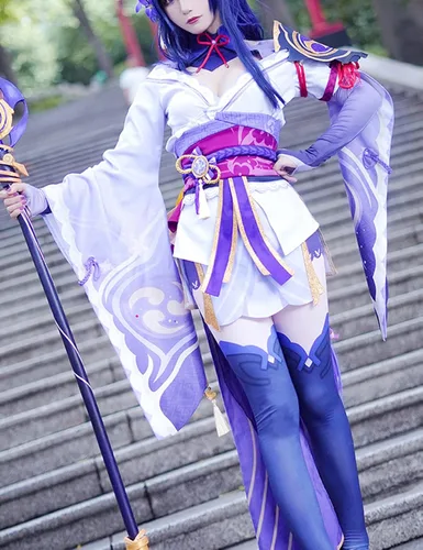Vista 2 de Genshin Impact Raiden Shogun Anime Cosplay Disfraz de Halloween fiesta uniforme vestido trajes con accesorios
