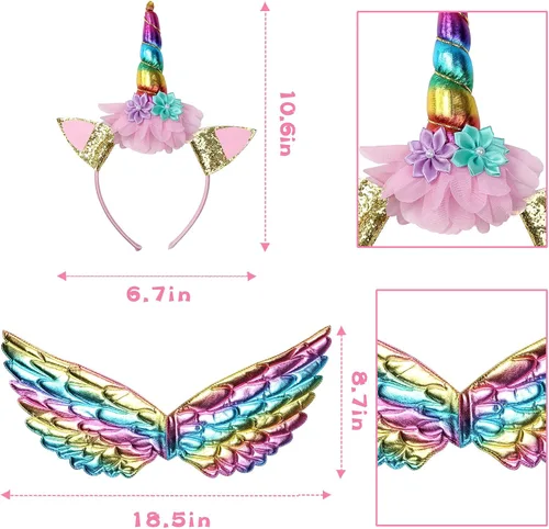 Vista 2 de LIZHOUMIL Disfraz de princesa para niñas pequeñas, disfraz con diadema y alas de arco iris, perfecto para fiestas de cumpleaños