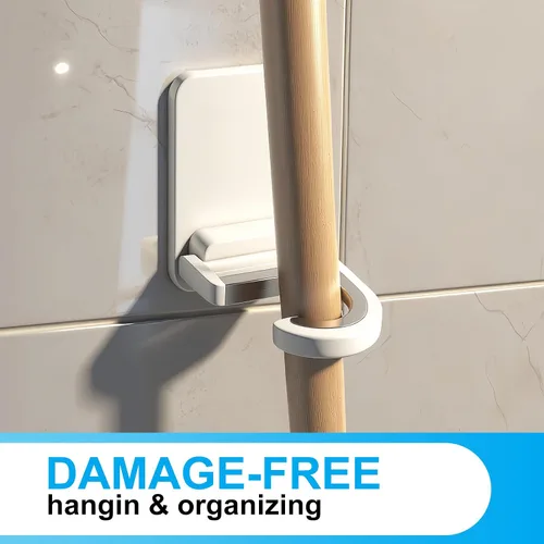 Vista 5 de Paquete de 3 soportes de pared para trapeador y escoba, autoadhesivo, sin taladro, agarre de mango de escoba, organizador de limpieza del hogar