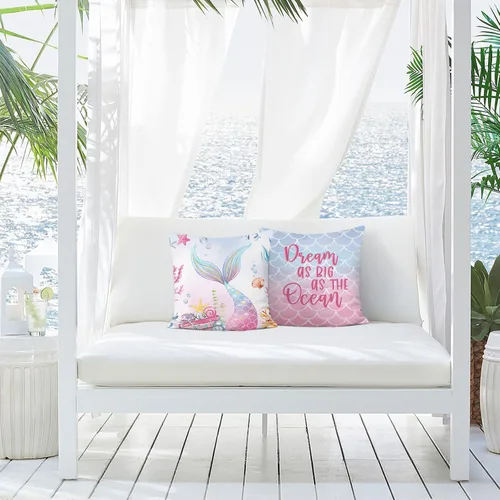 Vista 2 de Bonhause Juego de 2 fundas de almohada de cola de sirena de 18 x 18 pulgadas, fundas de almohada decorativas con diseño de conchas de mar y conchas