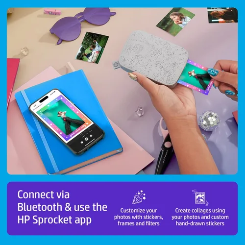 Vista 4 de HP Sprocket Impresora fotográfica instantánea portátil 2x3 (Luna Pearl) Paquete de álbum de recortes divertido Luna Perla