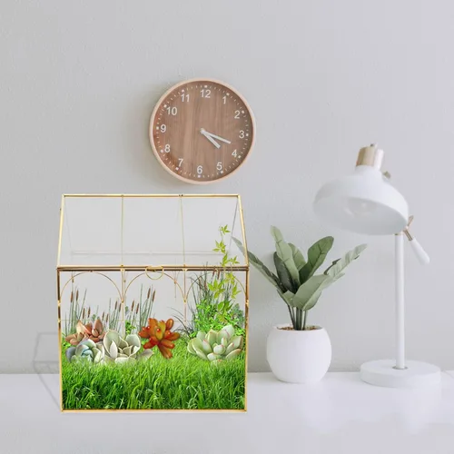 Vista 7 de HighFree Terrario geométrico para plantas con tapa, kit de terrario para suculentas para exhibición, plantas de aire, suculentas, terrario en Dorado