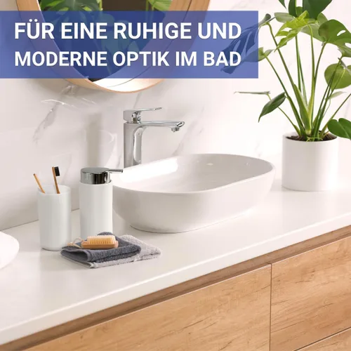 Vista 7 de WENKO Accesorios de baño blancos, juego de 4 piezas, vaso de cepillo de dientes, basura, dispensador de jabón, soporte para cepillo de inodoro