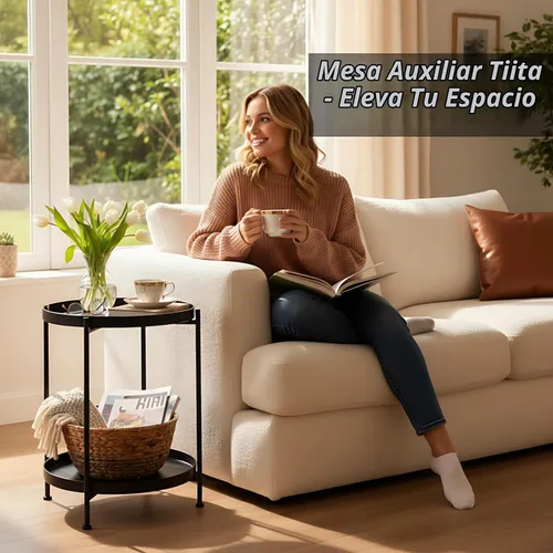 Vista 5 de Tiita 2 Pack Mesa Auxiliar Redonda Mesa de Centro Mesa Lateral de 2 Niveles Mesa de Noche/Mesa de Acento Pequeña de Hierro Mesa de Café para Sala
