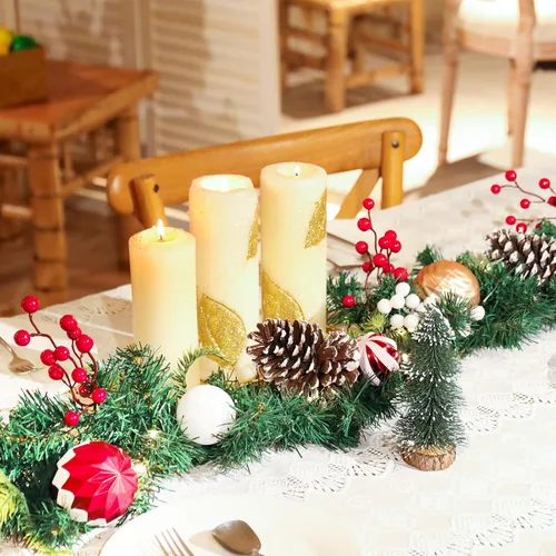 Vista 8 de Guirnalda de Navidad Preencendida de 6 Pies, Decoraciones Navideñas, Guirnalda Iluminada a Batería para Interiores con Bayas Rojas, Bolas